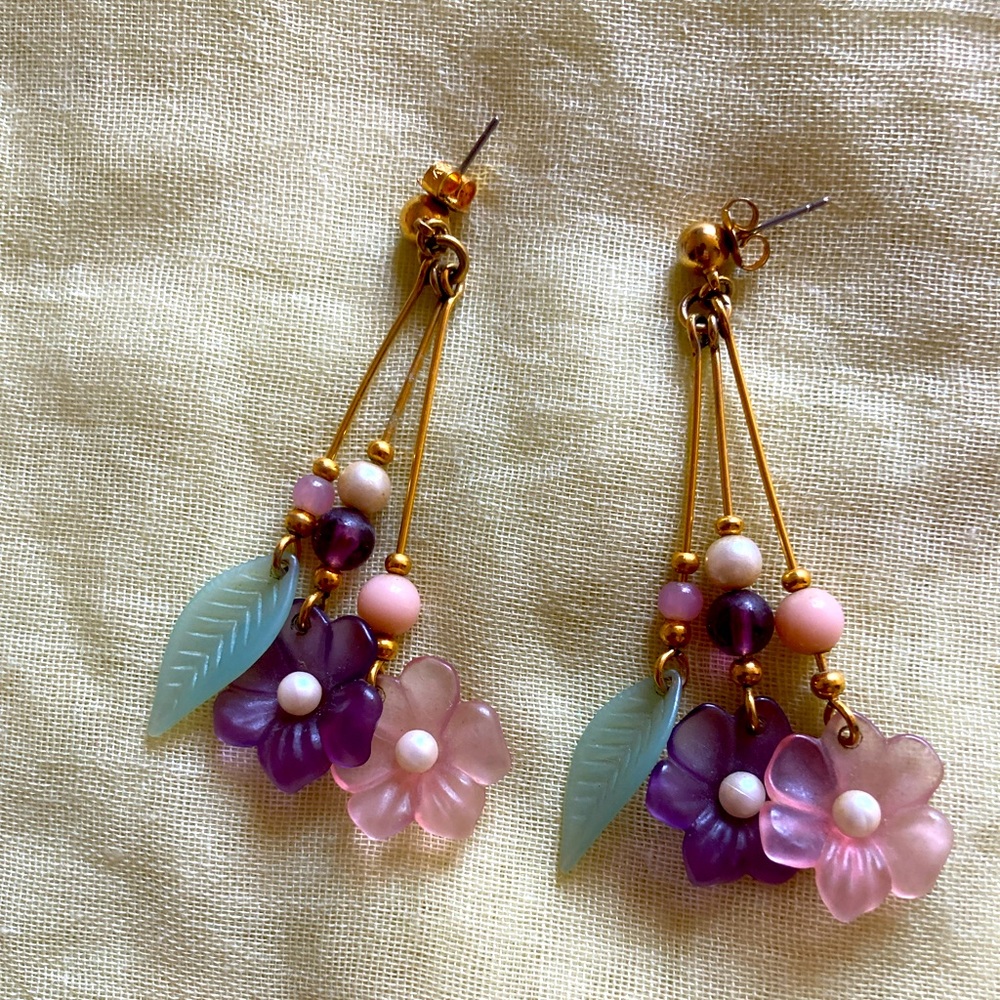 Vintage Flowers and Leaves Multicolored Dangle Earrings